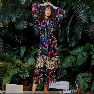 NWT FARM Rio Macaws Flight Tie-Neck Maxi Dress Size M